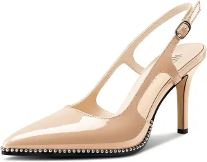 HEUIVZAR Womens Beaded Pumps Slingback Stiletto High Heels Pointed Toe Slip-on Sandals Adjustable Buckle Pearls Patent Leather Dress Shoes 3.5 Inches Heels