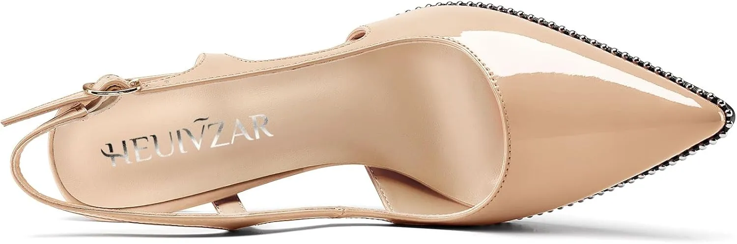 HEUIVZAR Womens Beaded Pumps Slingback Stiletto High Heels Pointed Toe Slip-on Sandals Adjustable Buckle Pearls Patent Leather Dress Shoes 3.5 Inches Heels