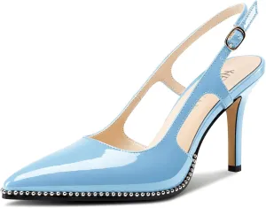 HEUIVZAR Womens Beaded Pumps Slingback Stiletto High Heels Pointed Toe Slip-on Sandals Adjustable Buckle Pearls Patent Leather Dress Shoes 3.5 Inches Heels