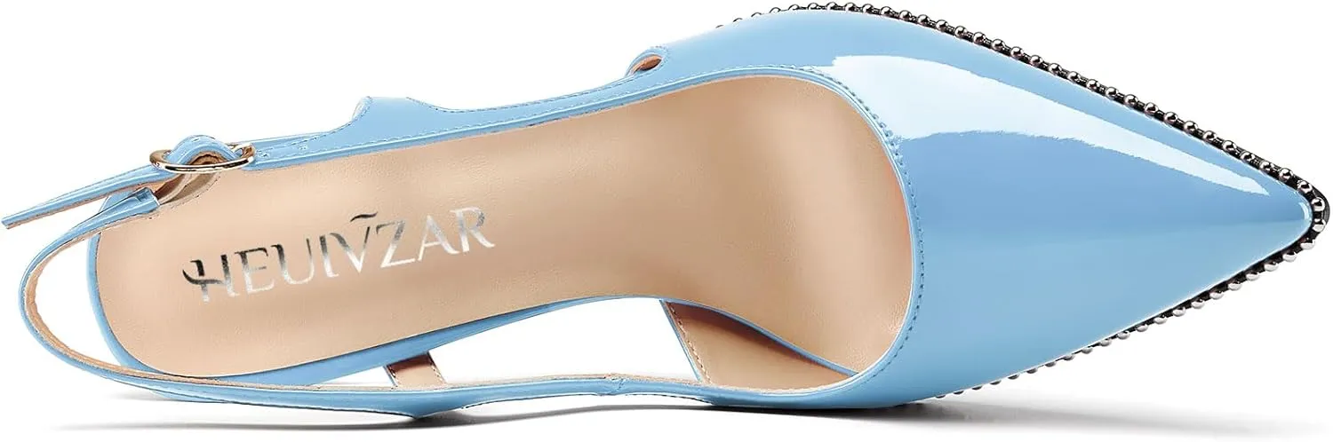 HEUIVZAR Womens Beaded Pumps Slingback Stiletto High Heels Pointed Toe Slip-on Sandals Adjustable Buckle Pearls Patent Leather Dress Shoes 3.5 Inches Heels