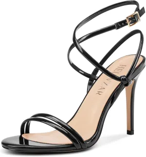 HEUIVZAR Womens Strappy Lace-up Stiletto High Heel Sandals Open Toe Ankle Strap Slingback Party Sexy Dress Shoes Patent Leather 3.9 Inches Heels