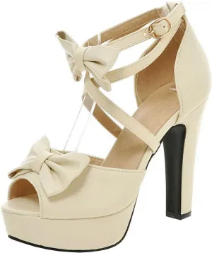 High Heels Women Peep Toe Bow Platform Sandals Cross Strappy Chunky Heel Pumps Wedding Evening Dress Shoes 11.5cm,Beige-43