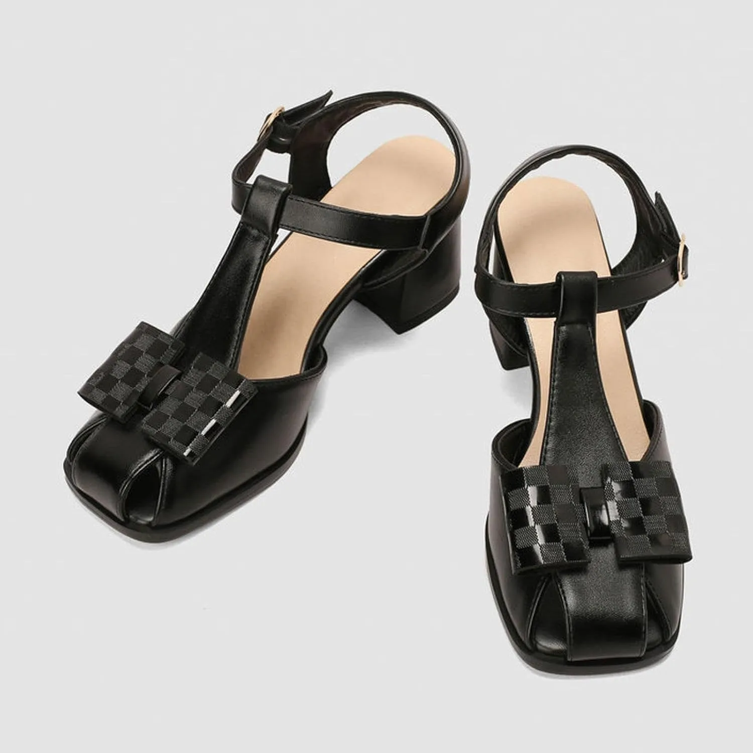 High Heels Women T-strap Square Toe Bow Slingback Pumps Chunky Heel Buckle Sandals Elegant Party Dress Shoes 6.5cm