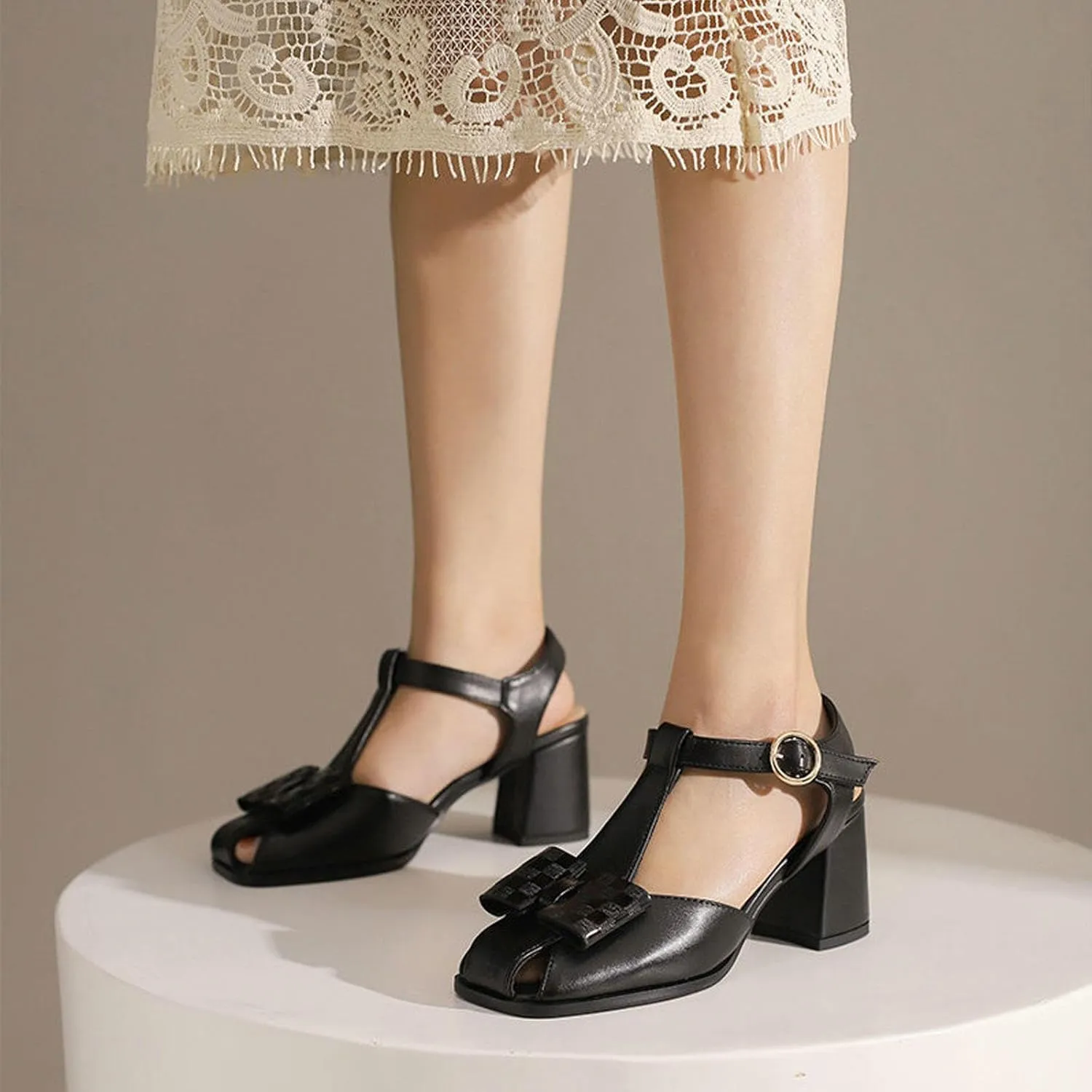 High Heels Women T-strap Square Toe Bow Slingback Pumps Chunky Heel Buckle Sandals Elegant Party Dress Shoes 6.5cm