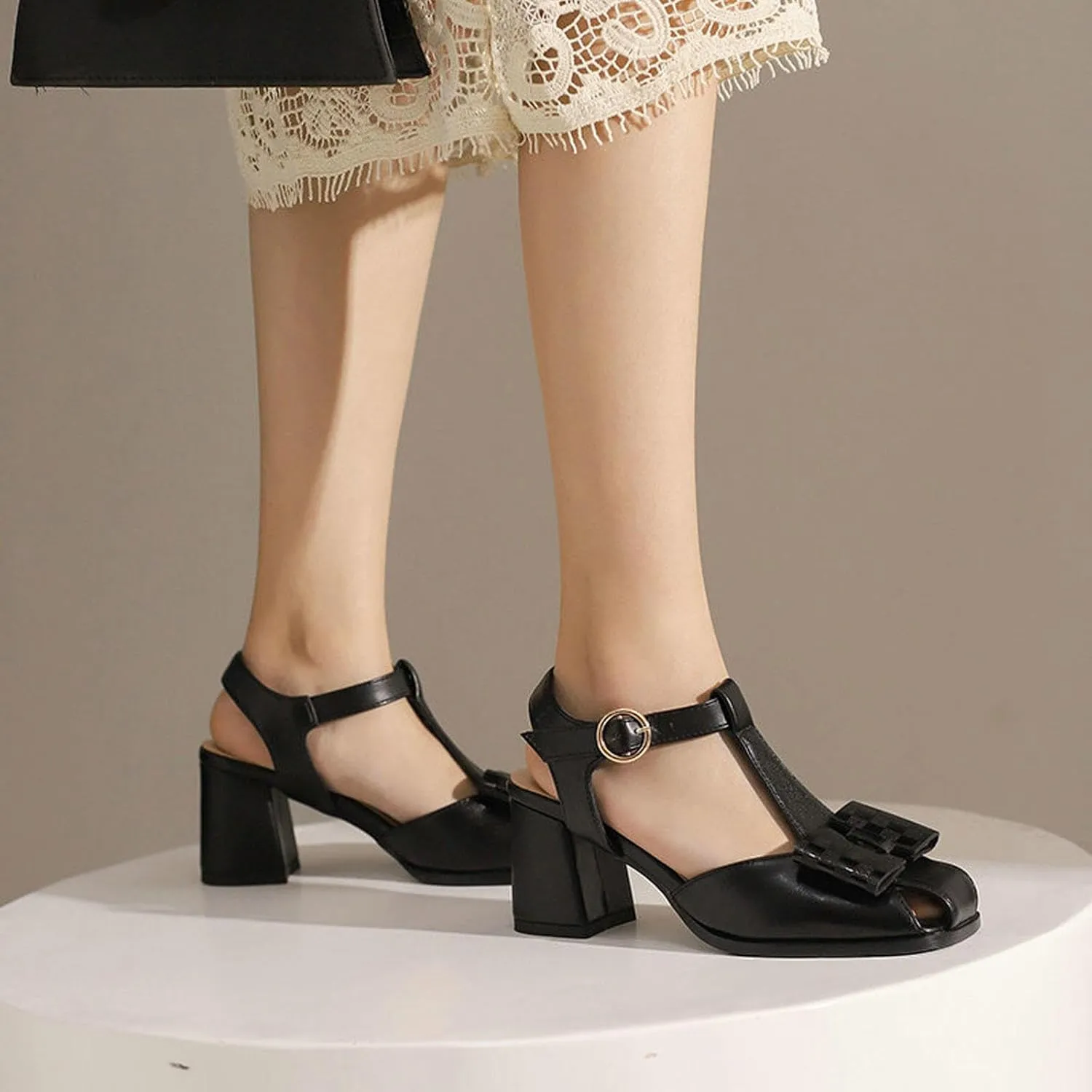 High Heels Women T-strap Square Toe Bow Slingback Pumps Chunky Heel Buckle Sandals Elegant Party Dress Shoes 6.5cm
