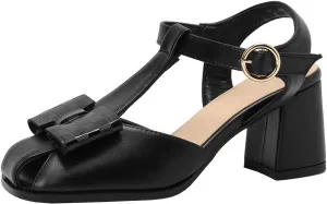 High Heels Women T-strap Square Toe Bow Slingback Pumps Chunky Heel Buckle Sandals Elegant Party Dress Shoes 6.5cm