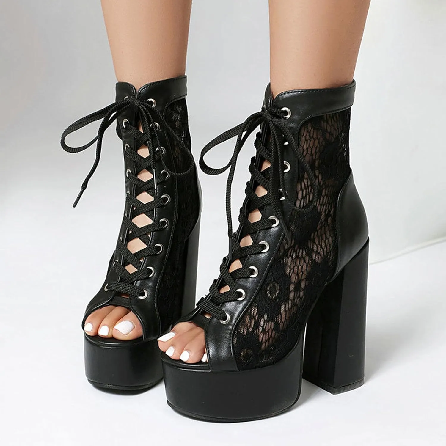 High Heels Women's Mesh Platform Sandals Boots Peep Toe Lace Up Pumps Party Dress Shoes 14cm