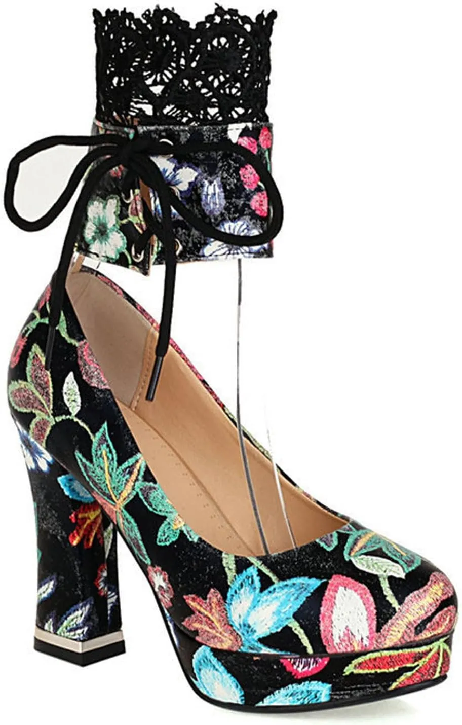 High Heels Women's Platform Block Heel Pumps Embroidered Print Lace Up Party Wedding Dress Shoes 10.5cm