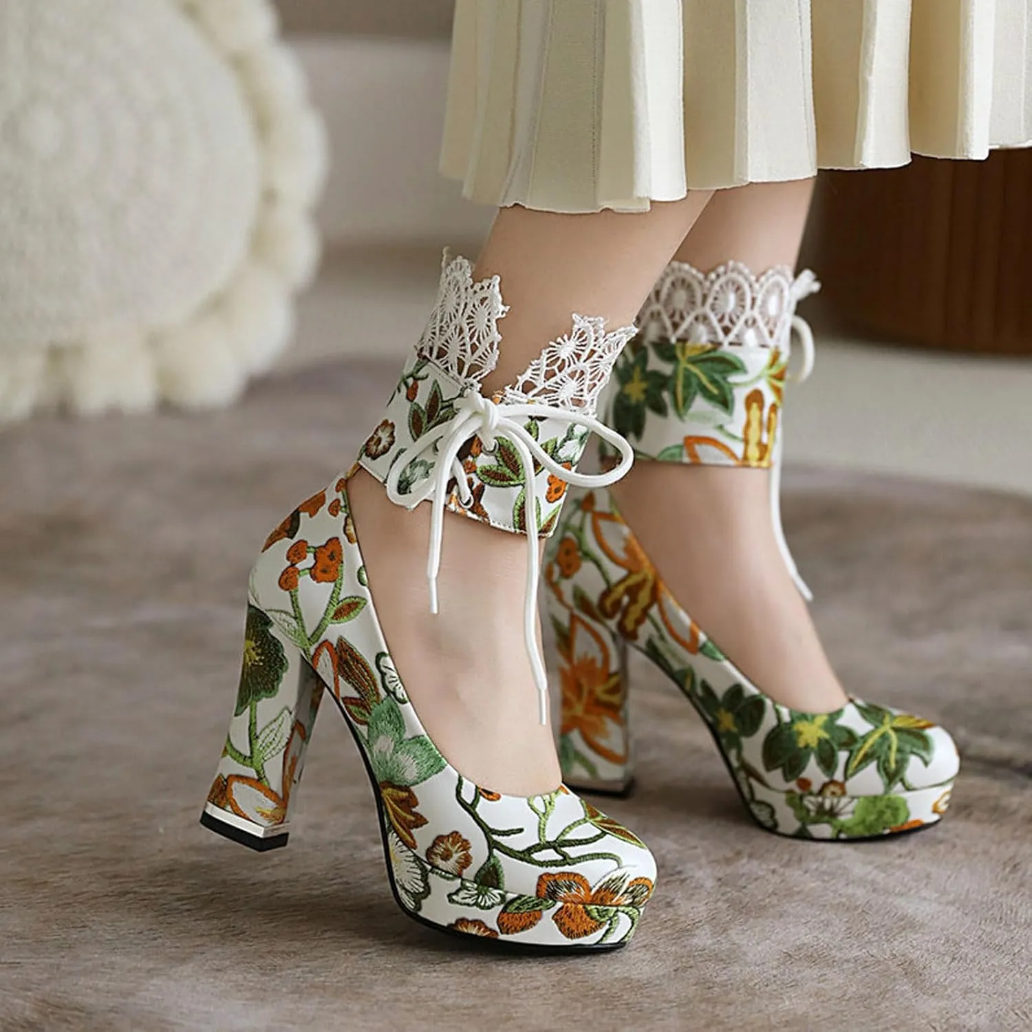 High Heels Women's Platform Block Heel Pumps Embroidered Print Lace Up Party Wedding Dress Shoes 10.5cm