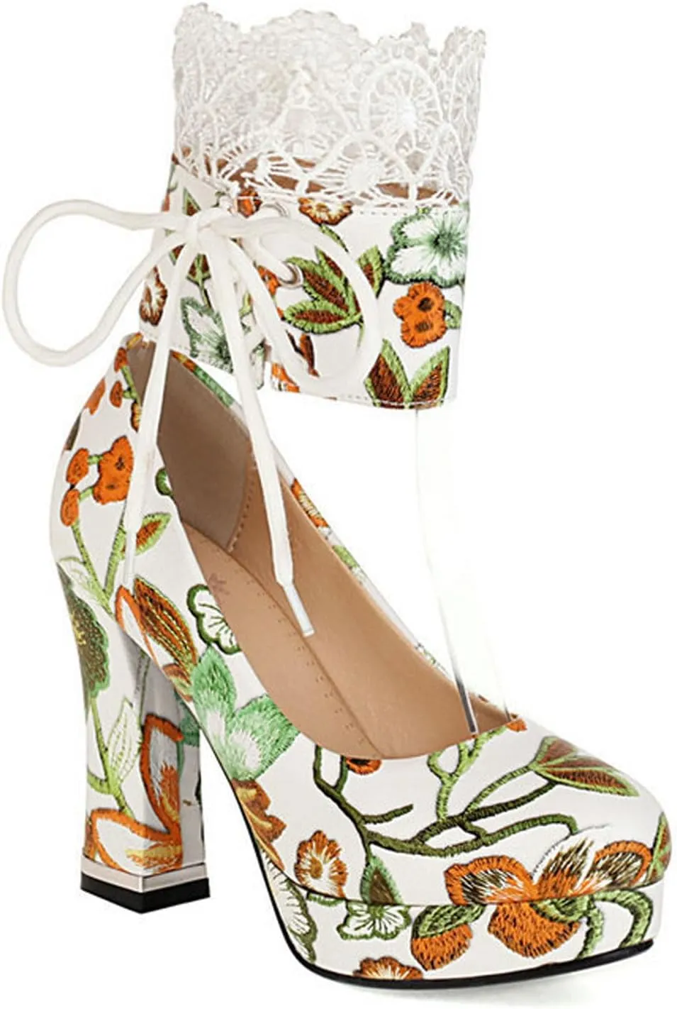 High Heels Women's Platform Block Heel Pumps Embroidered Print Lace Up Party Wedding Dress Shoes 10.5cm