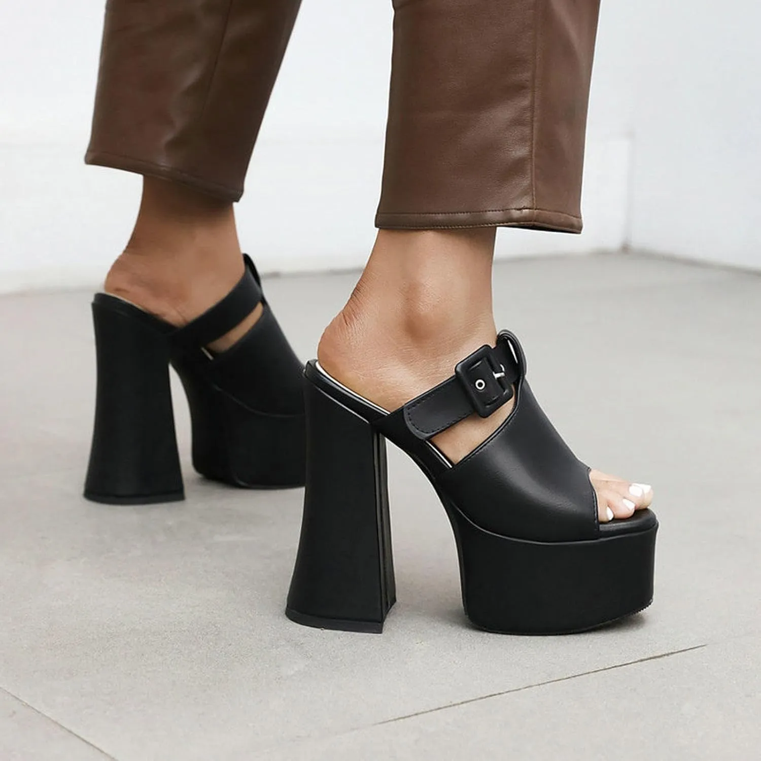 High Heels Womens Platform Chunky Heel Mules Open Toe Sandals Slip On Slides Dress Party Pumps Shoes 15cm