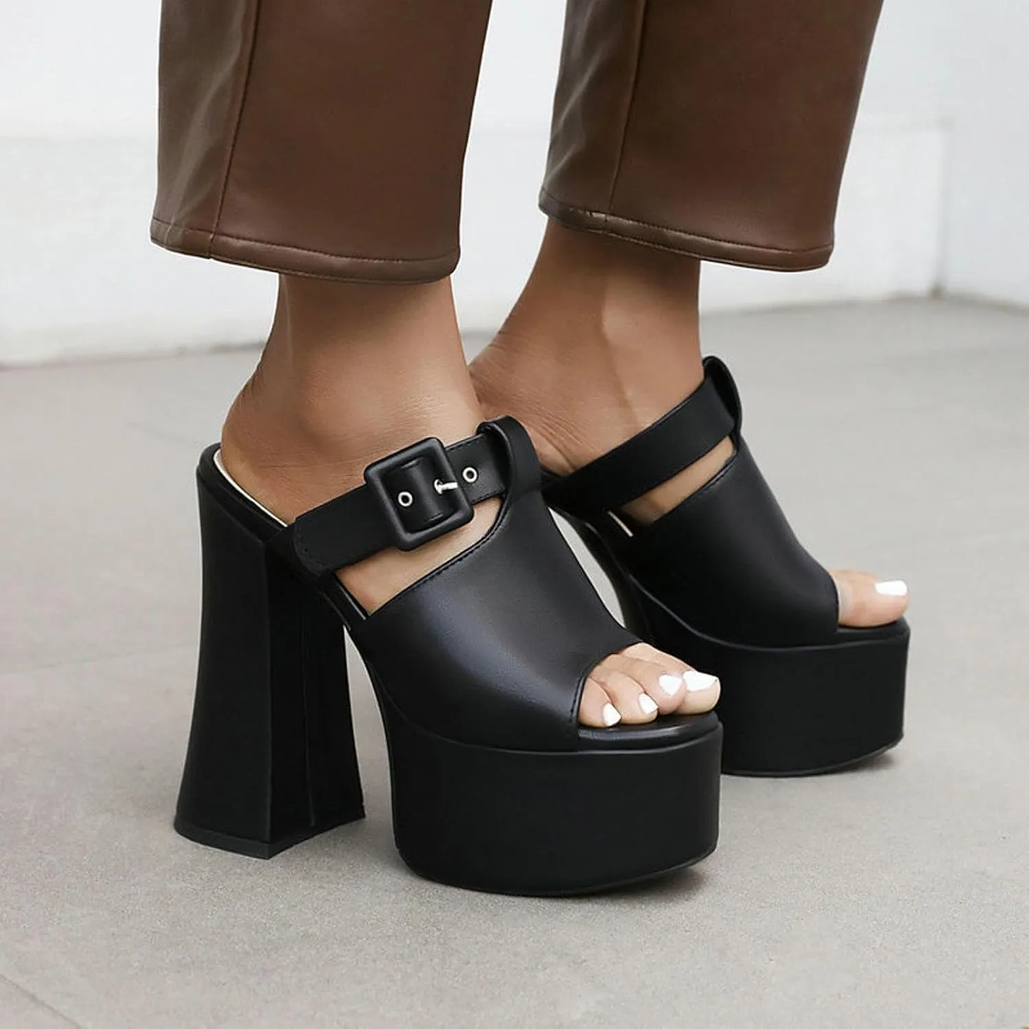 High Heels Womens Platform Chunky Heel Mules Open Toe Sandals Slip On Slides Dress Party Pumps Shoes 15cm