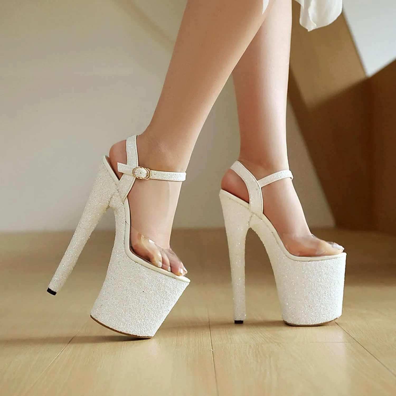 High Heels Women's Stiletto Open Toe Platform Sequins Sandals Slingback Pumps Party Dress Pole Dance Shoes 20cm