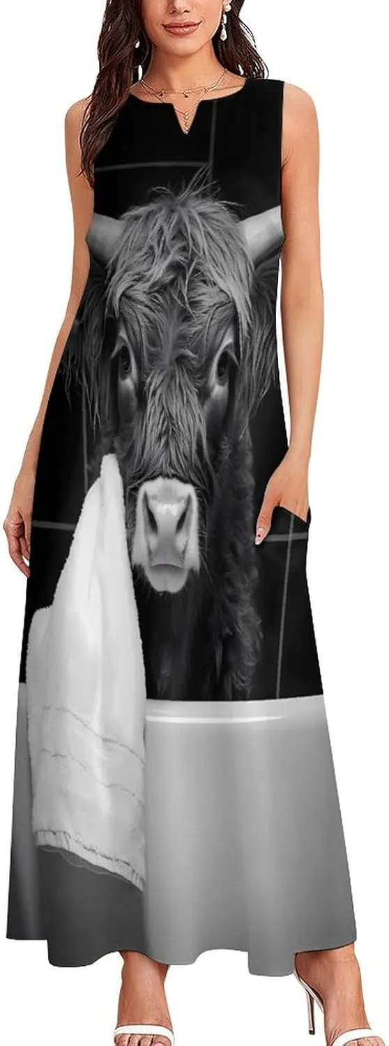 Highland Cow Bath Towel Women's Summer Sleeveless Dress Ruffle Flowy Casual Ankle Length Dresses with Pockets