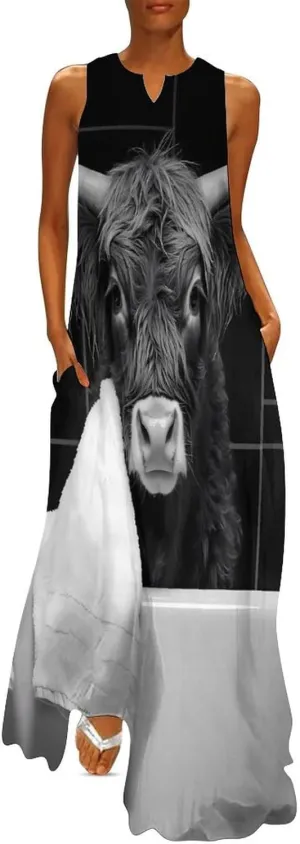Highland Cow Bath Towel Women's Summer Sleeveless Dress Ruffle Flowy Casual Ankle Length Dresses with Pockets