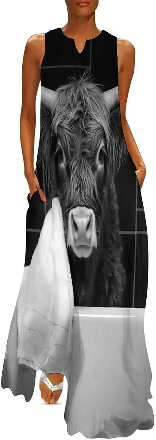 Highland Cow Bath Towel Women's Summer Sleeveless Dress Ruffle Flowy Casual Ankle Length Dresses with Pockets