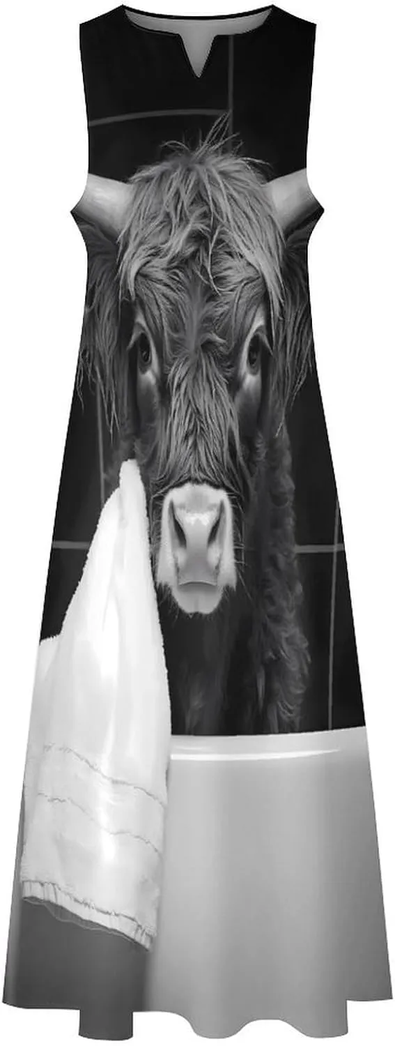 Highland Cow Bath Towel Women's Summer Sleeveless Dress Ruffle Flowy Casual Ankle Length Dresses with Pockets