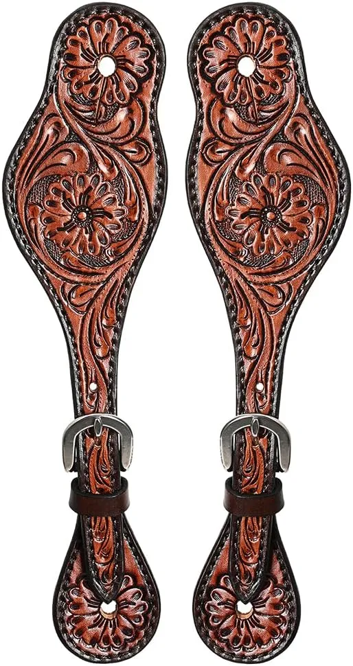 HILASON Western Leather Spur Straps Brown Floral Carving Rustic Vintage | Spur Straps | Leather Spur Straps | spur Straps for Women and Men | spur Straps Western