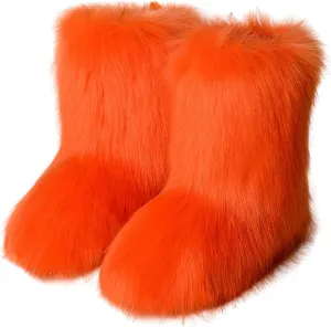 HINDOLA Womens Faux Fur Boots Winter Comfy Plush Warm Snow Boots Fuzzy Fluffy Furry Round Toe Suede Boots Comfortable Winter Ankle Booties Anti Slip Outdoor Indoor Flat Shoes