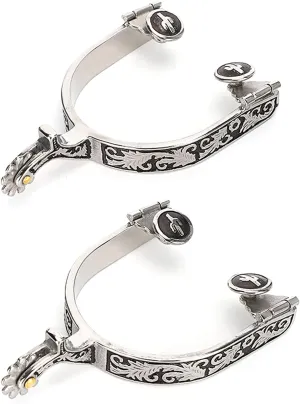 Horse Spurs,1 Pair Boot Spurs Roller Ball Spurs 3.35x3.15inch Stainless Steel Silver Engraved Bumper Spurs Style Horse Boot Spurs with Gear for Horse Training
