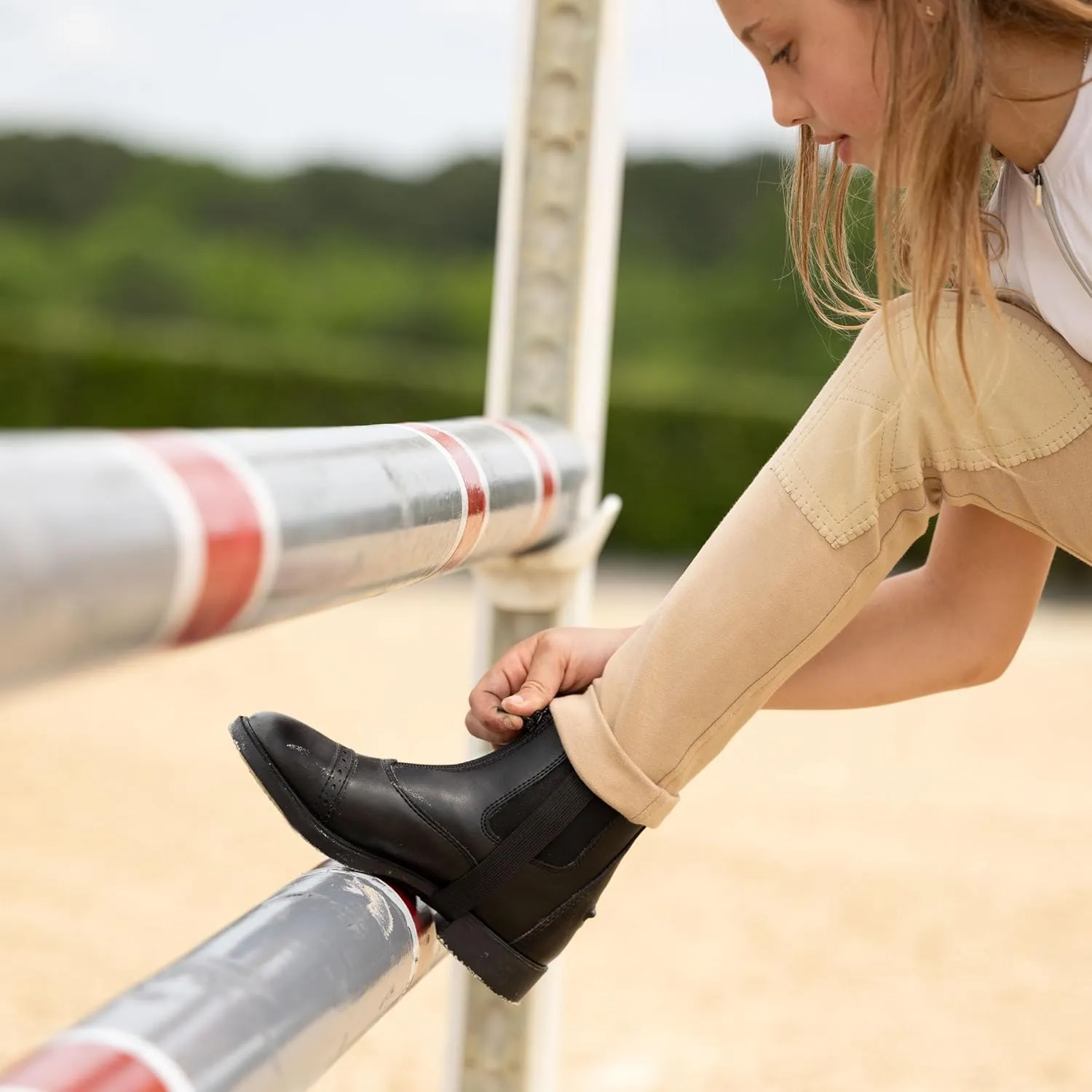 HORZE Nora Girls Leather Knee Patch Riding Pants | Kids Equestrian Jodhpur Breeches | Size Chart in Images