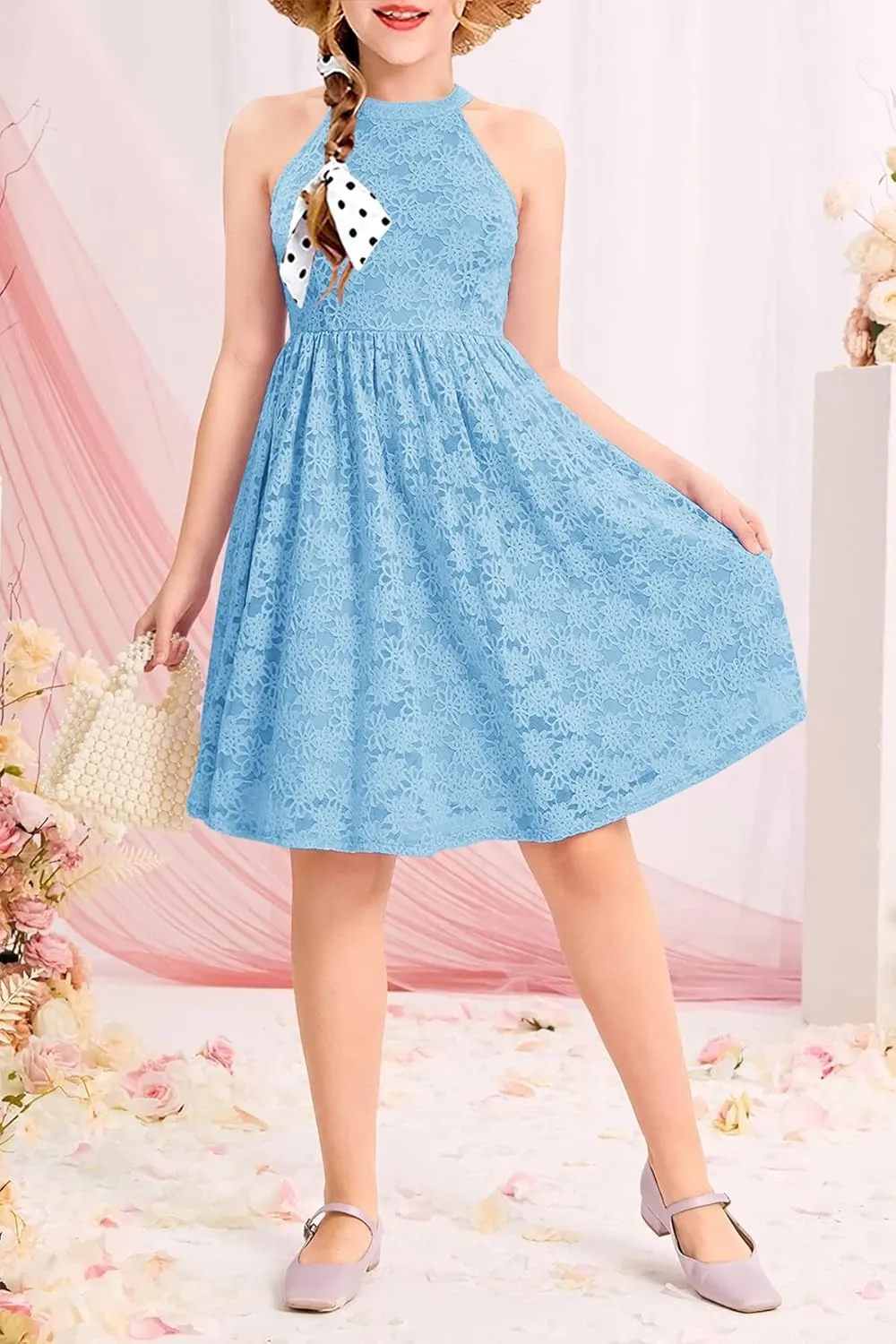 HOSIKA Girls Halter Neck Sleeveless Elegant Floral Lace A-line Flared Swing Party Dress for 6-12 Years Kid