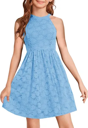HOSIKA Girls Halter Neck Sleeveless Elegant Floral Lace A-line Flared Swing Party Dress for 6-12 Years Kid