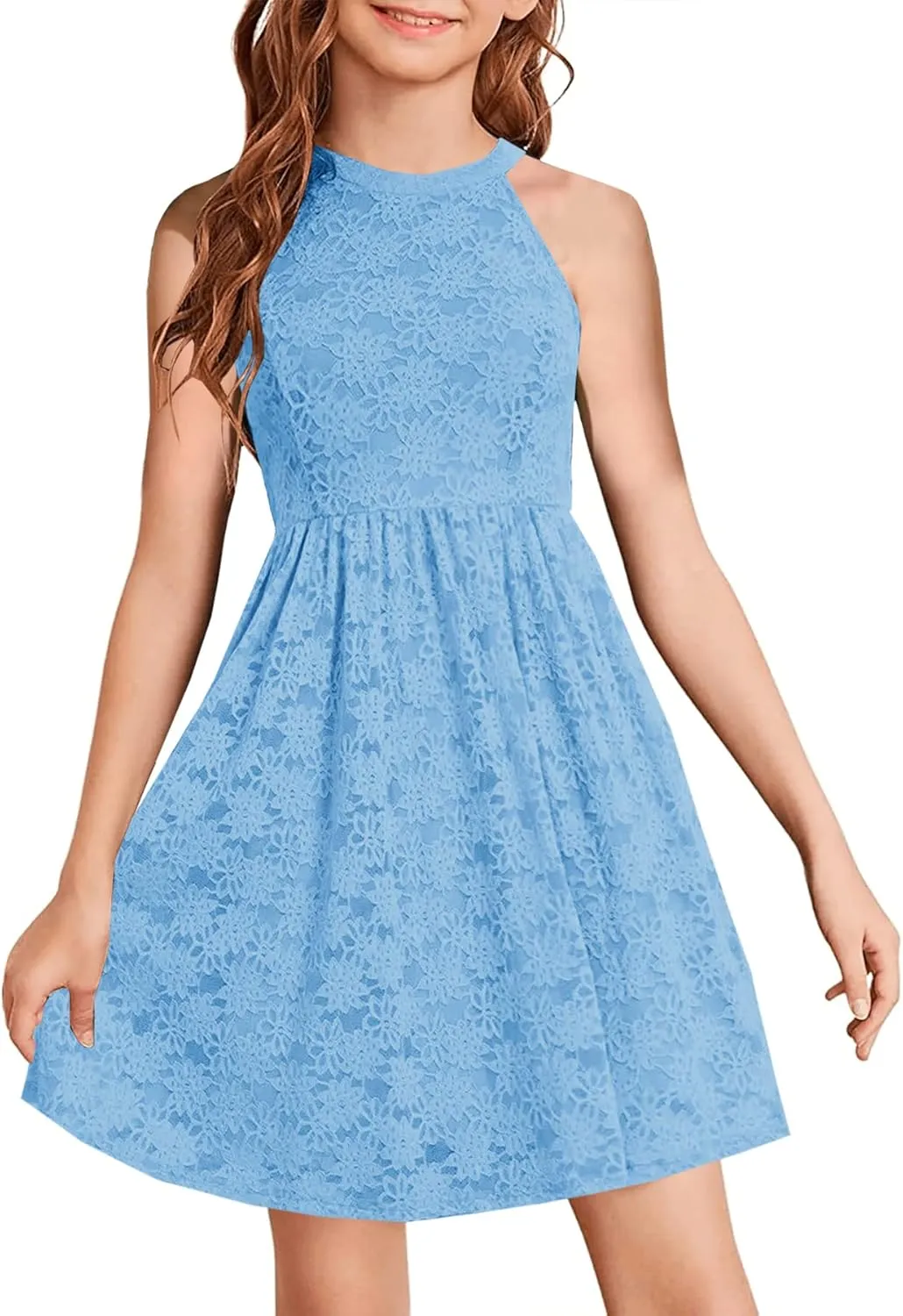 HOSIKA Girls Halter Neck Sleeveless Elegant Floral Lace A-line Flared Swing Party Dress for 6-12 Years Kid