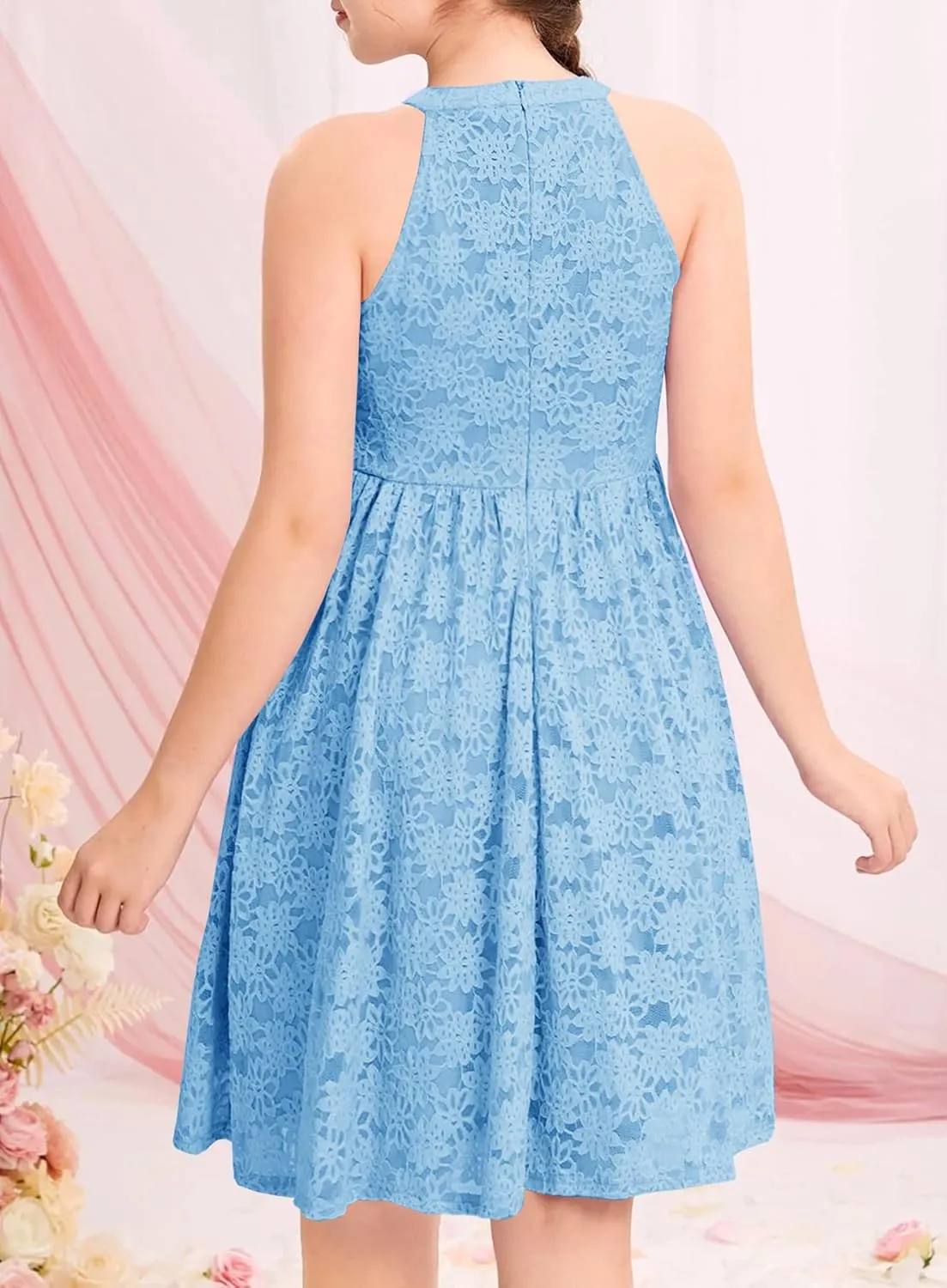 HOSIKA Girls Halter Neck Sleeveless Elegant Floral Lace A-line Flared Swing Party Dress for 6-12 Years Kid