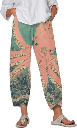HOTYD Japanese Art Print Capri Pants for Women Elastic High Waist Cropped Pants Summer Casual Baggy Trousers with Pockets