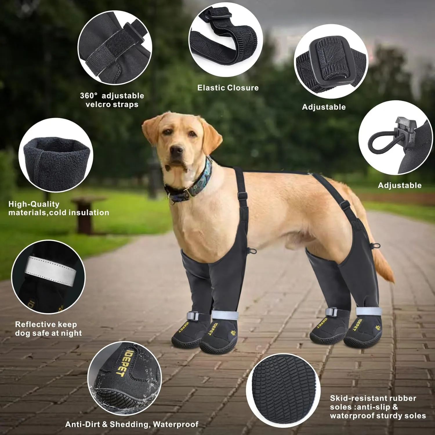 Idepet Dog Suspender Boots, Anti-Slip & Fall Waterproof Tall Dog Shoes Boots Legging for Small Medium Dog, Adjustable Suspender Boots for Winter Snow Rain Hiking Paws Protector 1