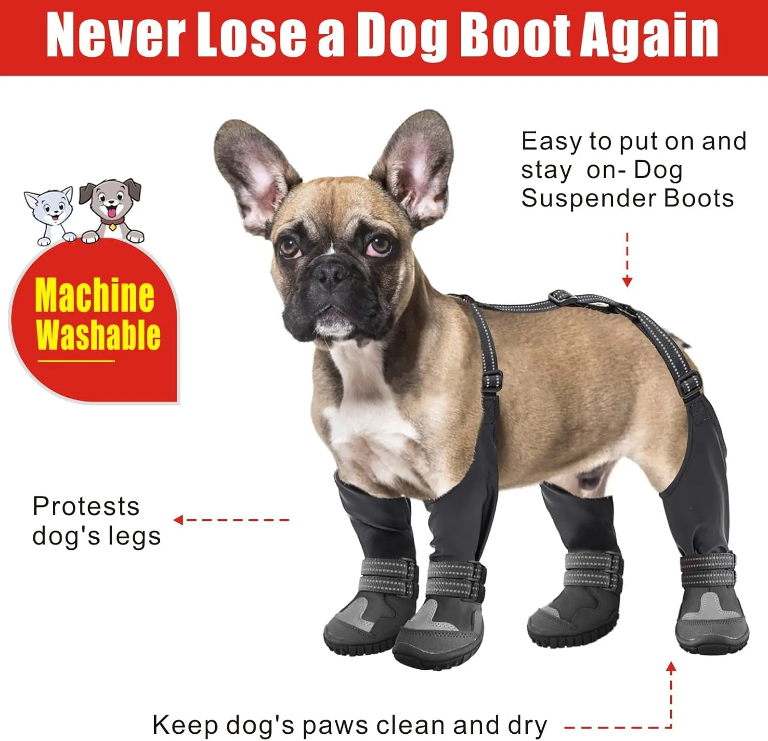 Idepet Dog Suspender Boots, Tall Dog Boots Anti-Slip & Fall Waterproof Dog Shoes Leggings, Adjustable Suspender Boots for Dogs Winter Snow Rain Hiking Paws Protector (1, Black)