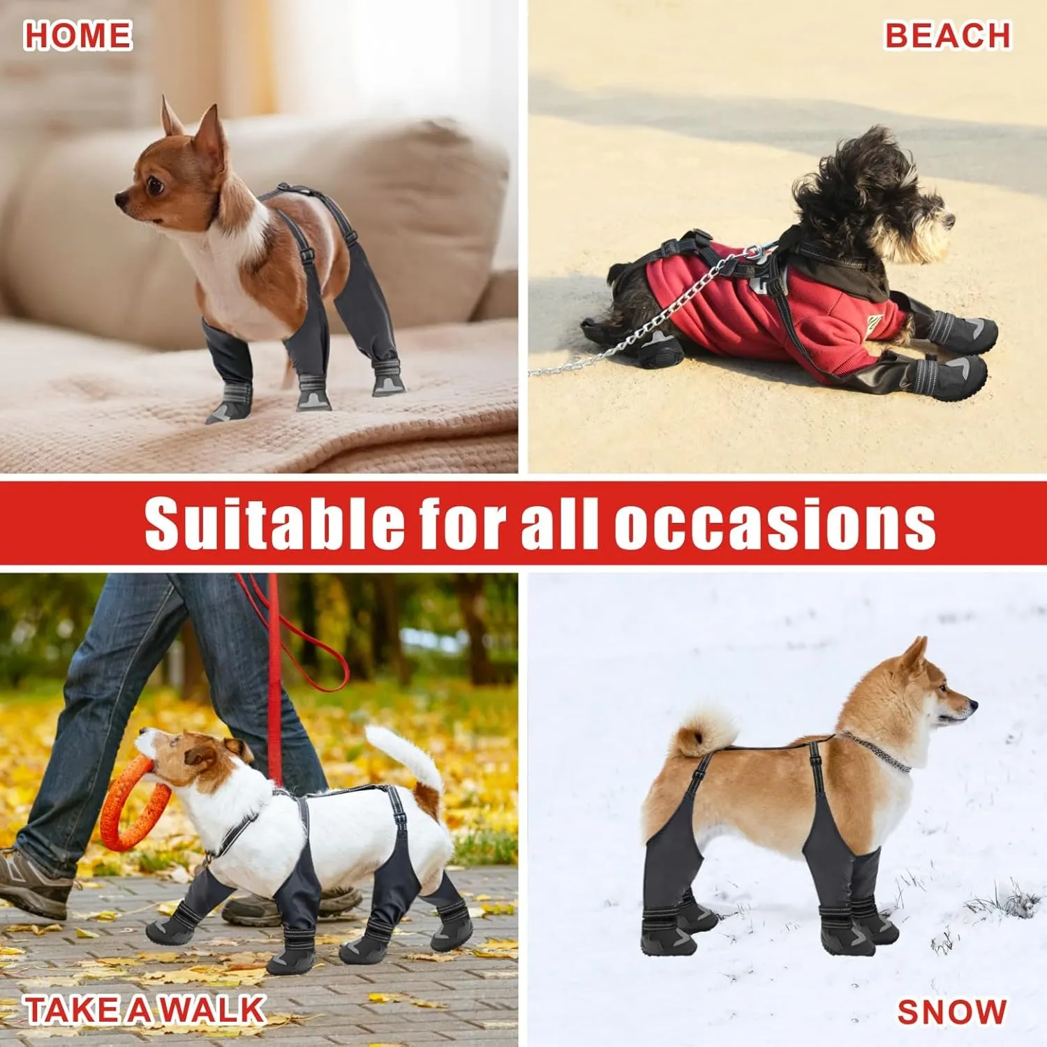 Idepet Dog Suspender Boots, Tall Dog Boots Anti-Slip & Fall Waterproof Dog Shoes Leggings, Adjustable Suspender Boots for Dogs Winter Snow Rain Hiking Paws Protector (1, Black)