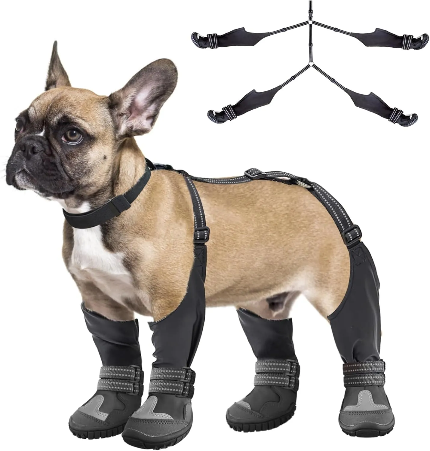 Idepet Dog Suspender Boots, Tall Dog Boots Anti-Slip & Fall Waterproof Dog Shoes Leggings, Adjustable Suspender Boots for Dogs Winter Snow Rain Hiking Paws Protector (1, Black)