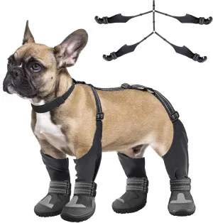 Idepet Dog Suspender Boots, Tall Dog Boots Anti-Slip & Fall Waterproof Dog Shoes Leggings, Adjustable Suspender Boots for Dogs Winter Snow Rain Hiking Paws Protector (1, Black)