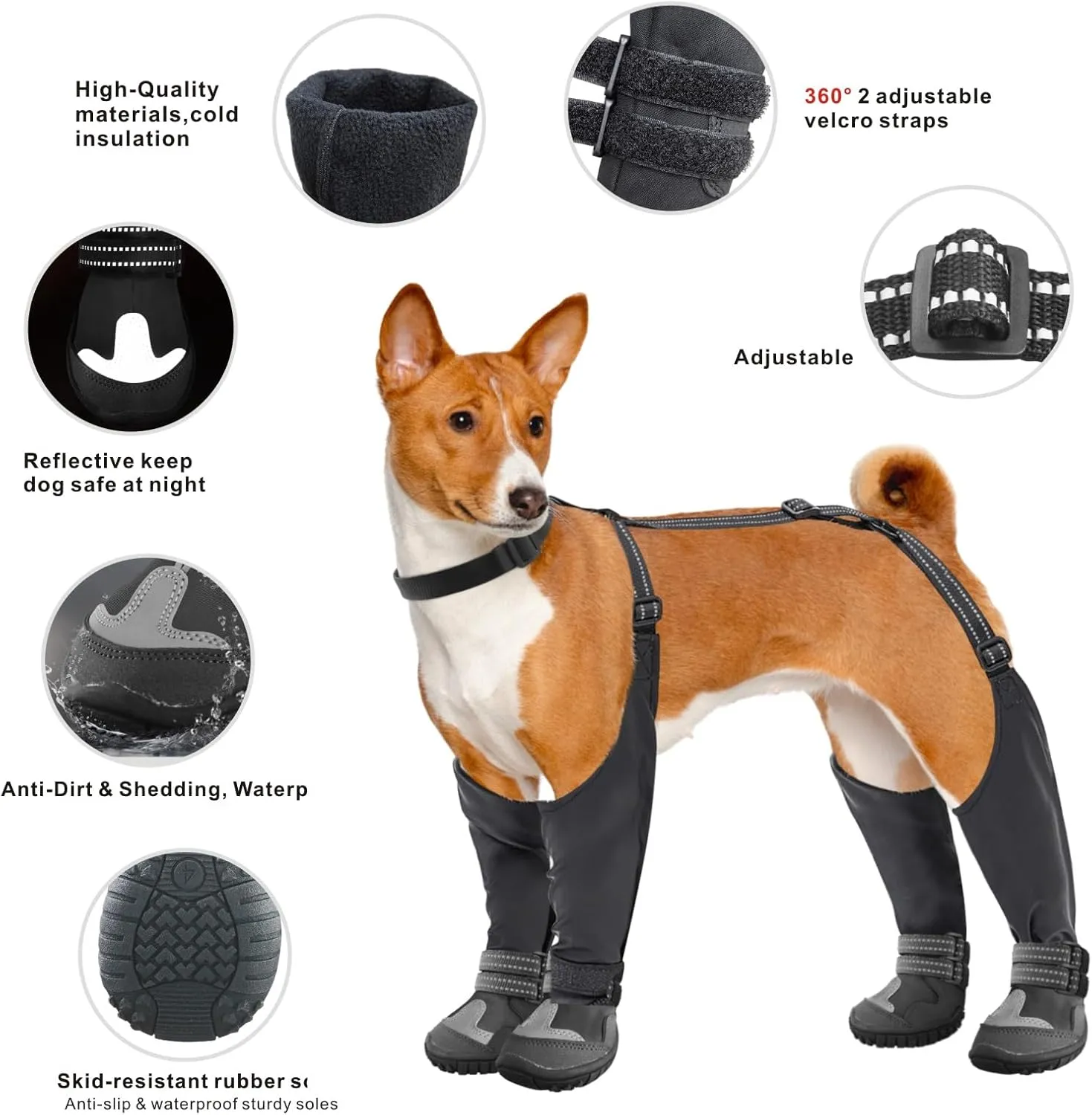 Idepet Dog Suspender Boots, Tall Dog Boots Anti-Slip & Fall Waterproof Dog Shoes Leggings, Adjustable Suspender Boots for Dogs Winter Snow Rain Hiking Paws Protector (1, Black)