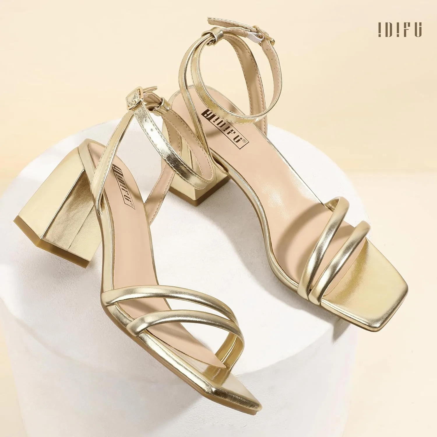 IDIFU IN3 Women's Strappy Heels Chunky Block Square Open Toe Adjustable Ankle Strap Heeled Sandals Slingback Thick Low Wedding Prom Bridal Dress Shoes for Women Short Small Heels