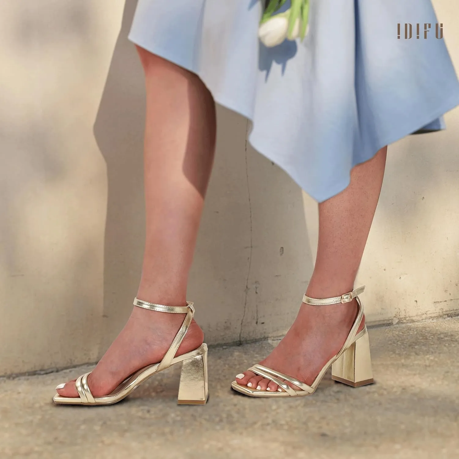 IDIFU IN3 Women's Strappy Heels Chunky Block Square Open Toe Adjustable Ankle Strap Heeled Sandals Slingback Thick Low Wedding Prom Bridal Dress Shoes for Women Short Small Heels