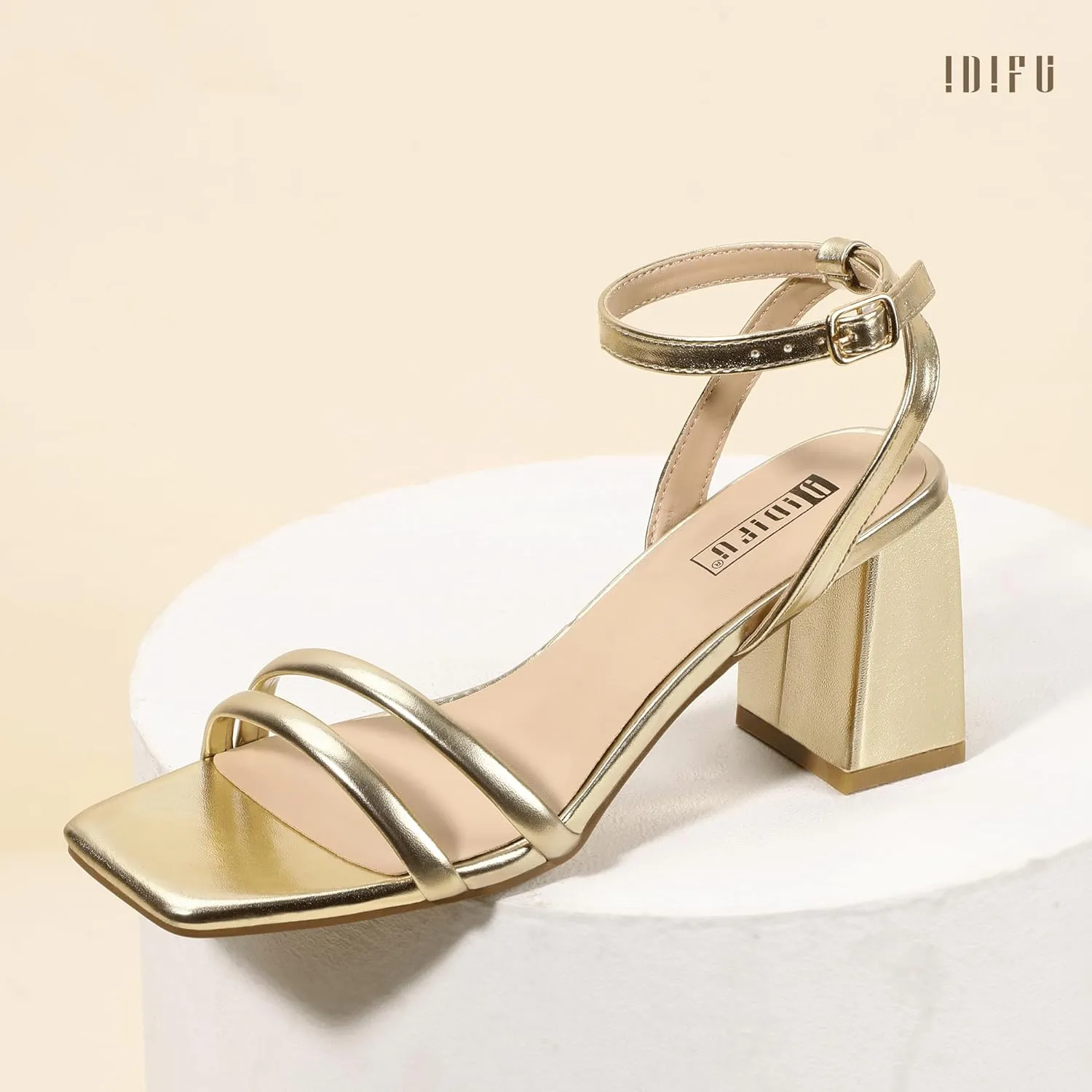 IDIFU IN3 Women's Strappy Heels Chunky Block Square Open Toe Adjustable Ankle Strap Heeled Sandals Slingback Thick Low Wedding Prom Bridal Dress Shoes for Women Short Small Heels