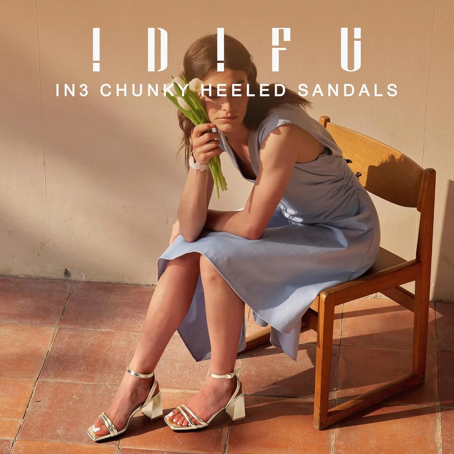 IDIFU IN3 Women's Strappy Heels Chunky Block Square Open Toe Adjustable Ankle Strap Heeled Sandals Slingback Thick Low Wedding Prom Bridal Dress Shoes for Women Short Small Heels