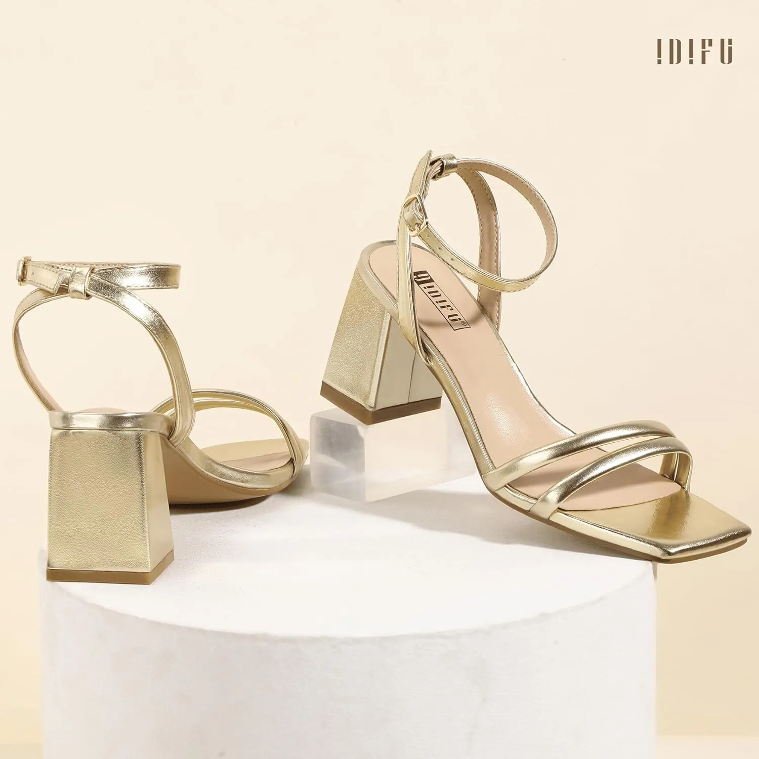 IDIFU IN3 Women's Strappy Heels Chunky Block Square Open Toe Adjustable Ankle Strap Heeled Sandals Slingback Thick Low Wedding Prom Bridal Dress Shoes for Women Short Small Heels