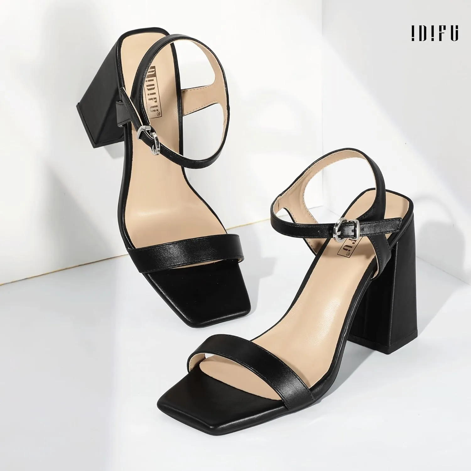 IDIFU IN4 High Heels for Women Dressy Chunky Block Square Open Toe Heeled Sandals Slingback Thick Sexy Womens Dress Sandals Wedding Prom Summer Bridal Bride Comfortable Strappy Ankle Strap Heels