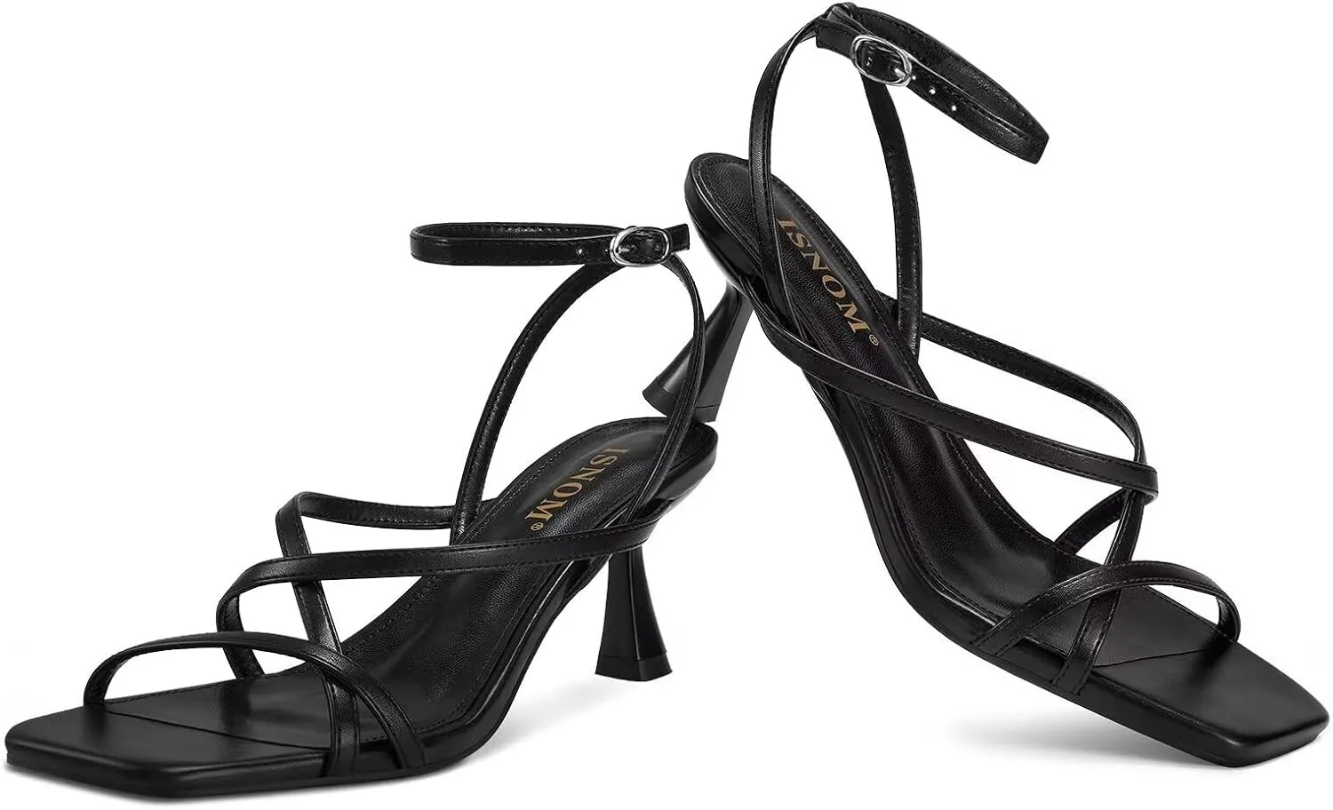 ISNOM Strappy Sandals for Women Kitten Heels Lace Up Heels Stiletto Heels Wrap Around Heels with Square Toe