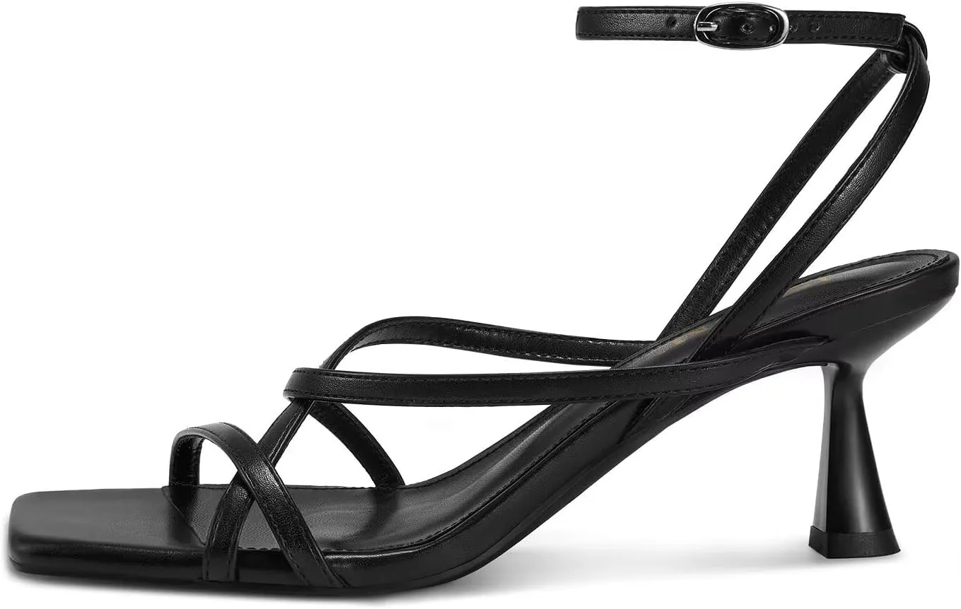 ISNOM Strappy Sandals for Women Kitten Heels Lace Up Heels Stiletto Heels Wrap Around Heels with Square Toe