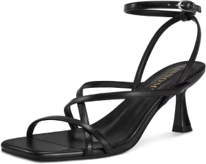 ISNOM Strappy Sandals for Women Kitten Heels Lace Up Heels Stiletto Heels Wrap Around Heels with Square Toe