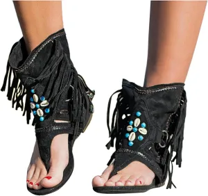 JEGULV Casual Tassel Sandals for Women Summer Boho Shoes Flip Flop Flat Sandals Gladiator Open Toe Beach Sandals