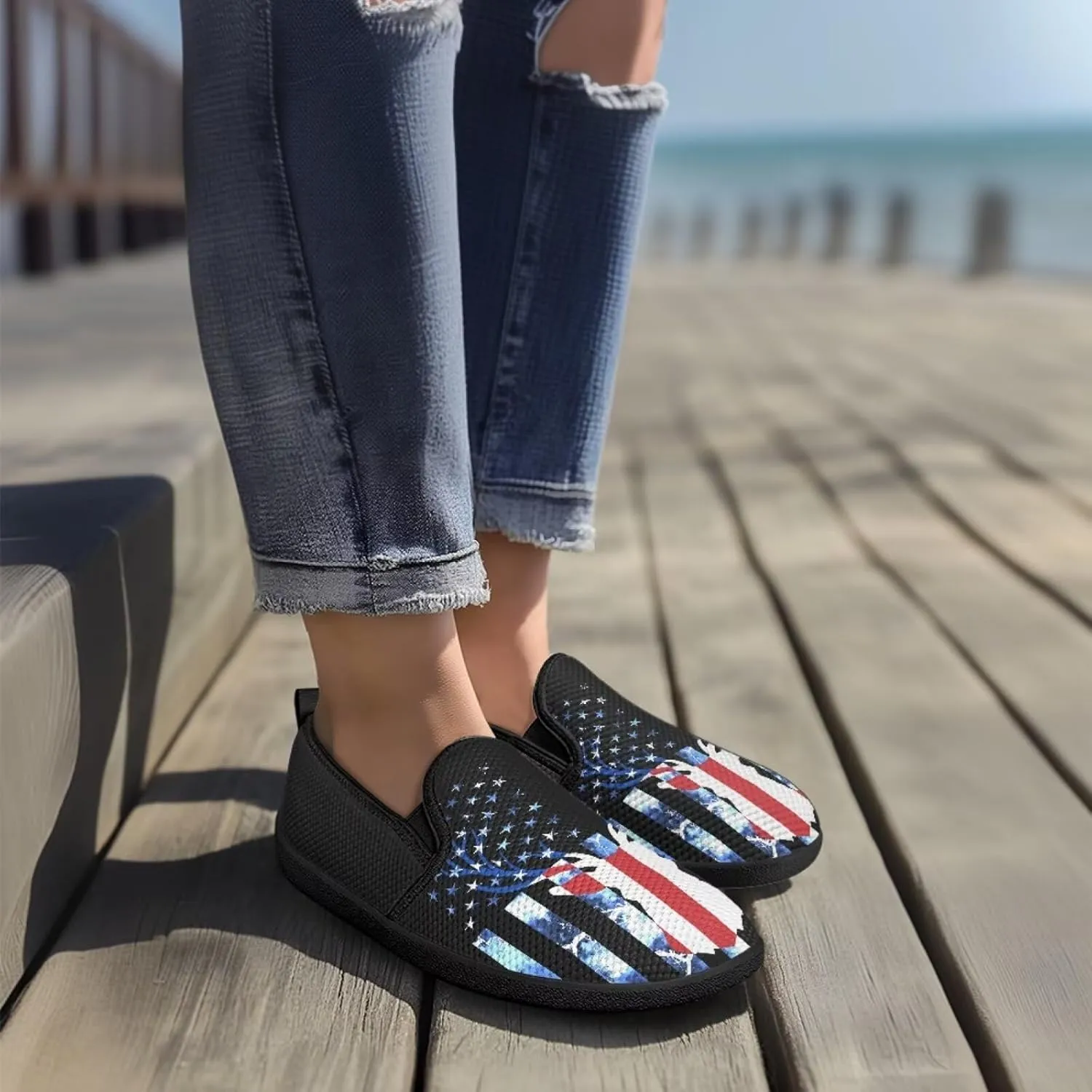 Jeiento American Flag Shoes Women's Slip-On Loafers Mesh Breathable Non Slip Lady Road Running Shoes Workout Sneakers
