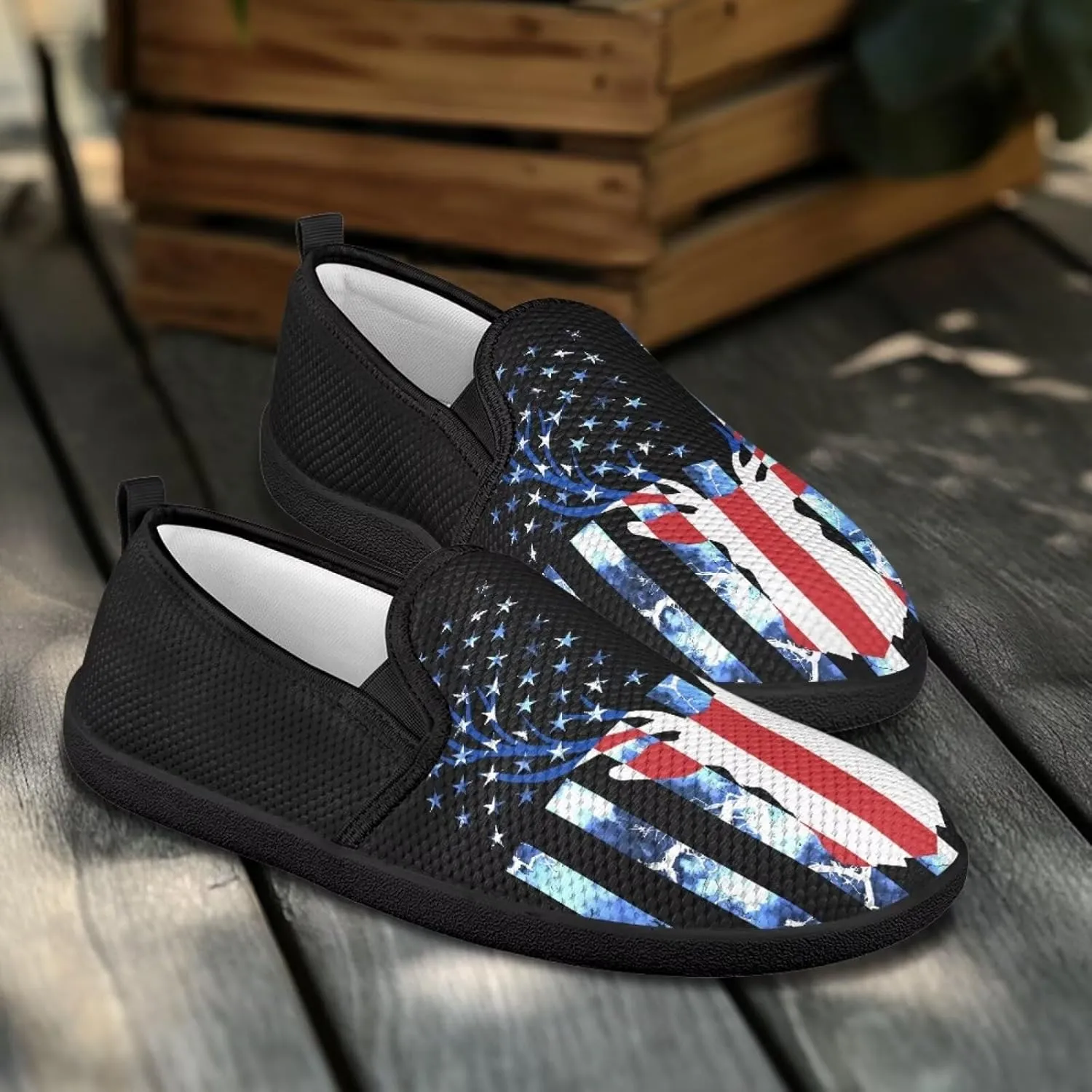 Jeiento American Flag Shoes Women's Slip-On Loafers Mesh Breathable Non Slip Lady Road Running Shoes Workout Sneakers