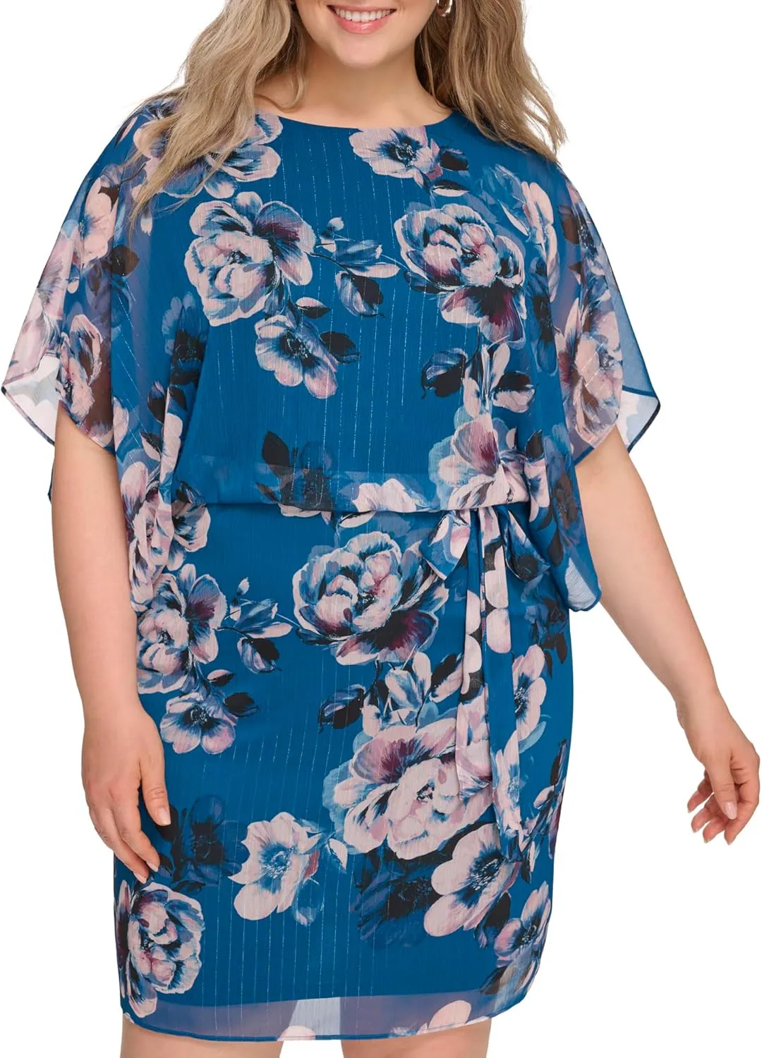 Jessica Howard Women's Floral Chiffon Mini Dress – 3/4 Sleeve Boat Neck