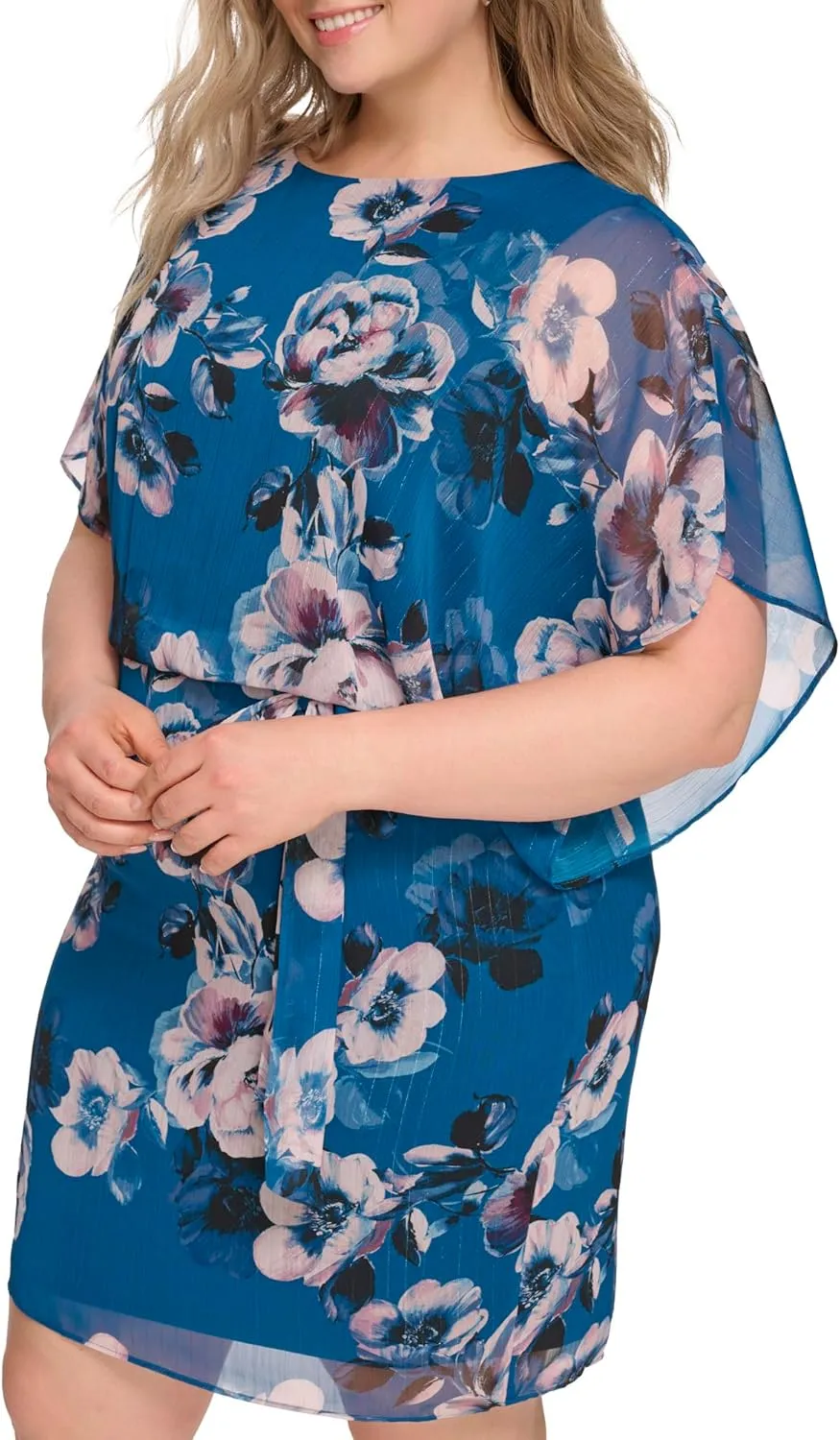Jessica Howard Women's Floral Chiffon Mini Dress – 3/4 Sleeve Boat Neck